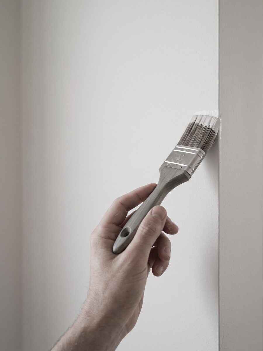 Hand painting a doorframe with a brush, detail trim work in a Calgary property