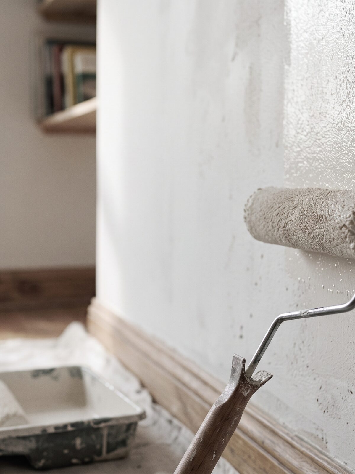 Paint roller applying a fresh coat to an interior wall mid-stroke
