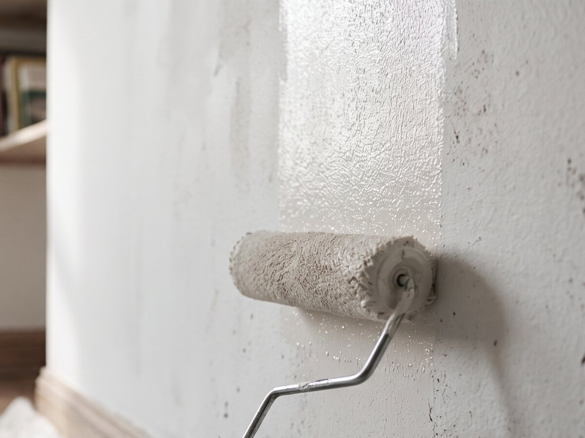 Paint roller applying a fresh coat to an interior wall, close-up detail