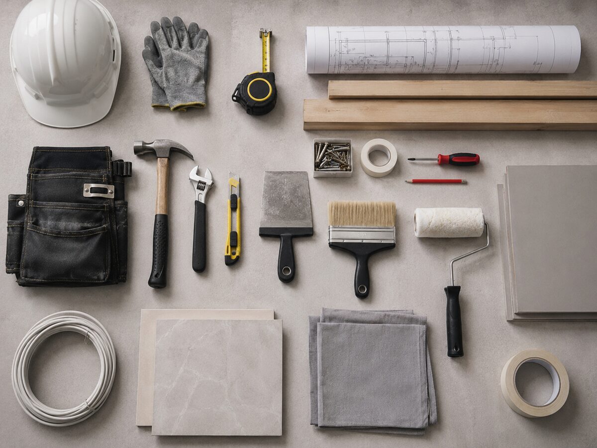 Trade tools laid out — hammer, level, brush, roller, tape, blueprints — representing coordinated trades under one job